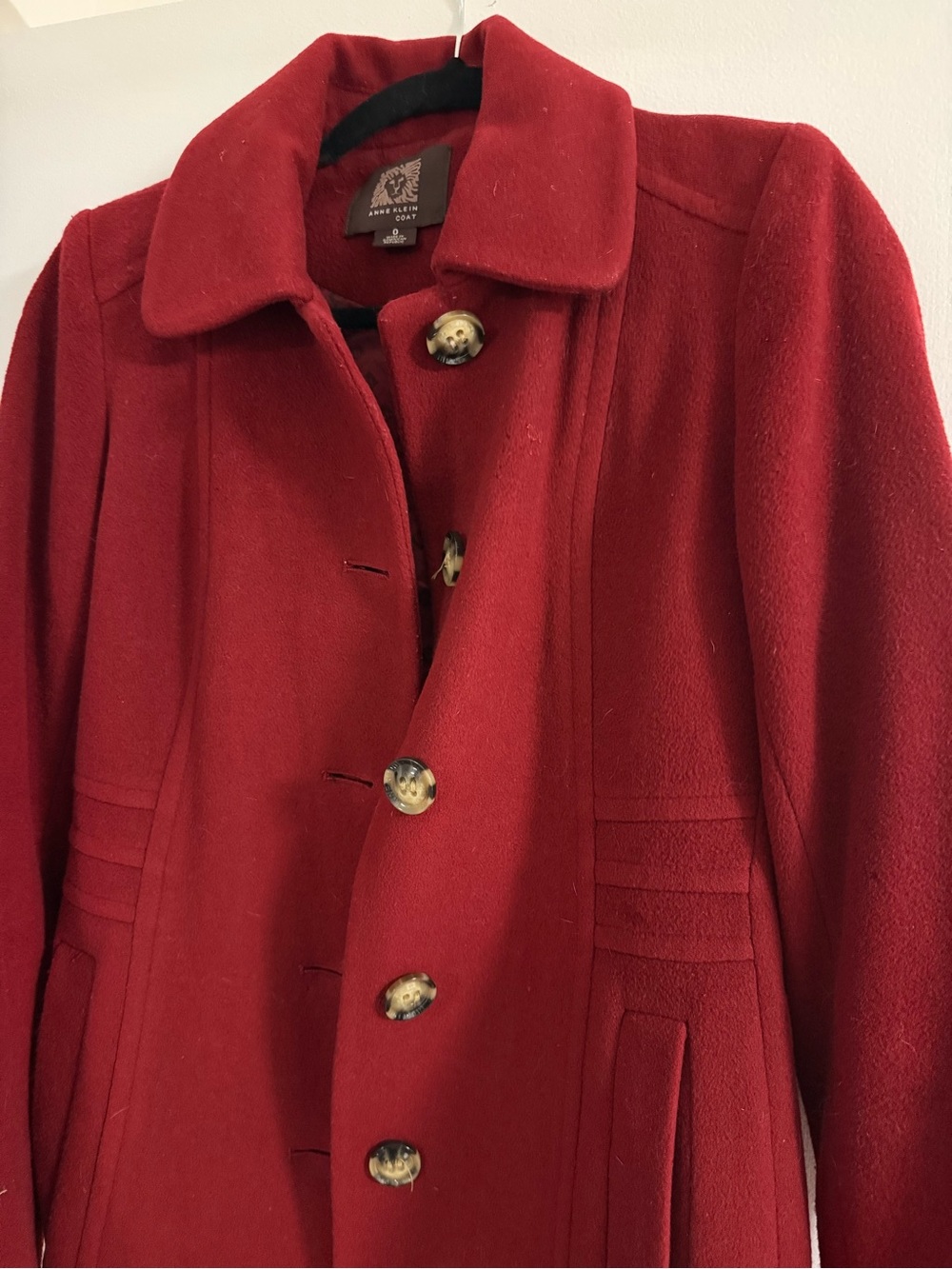 Anne Klein Crimson Red Wool-Blend Pea Coat with Statement Buttons